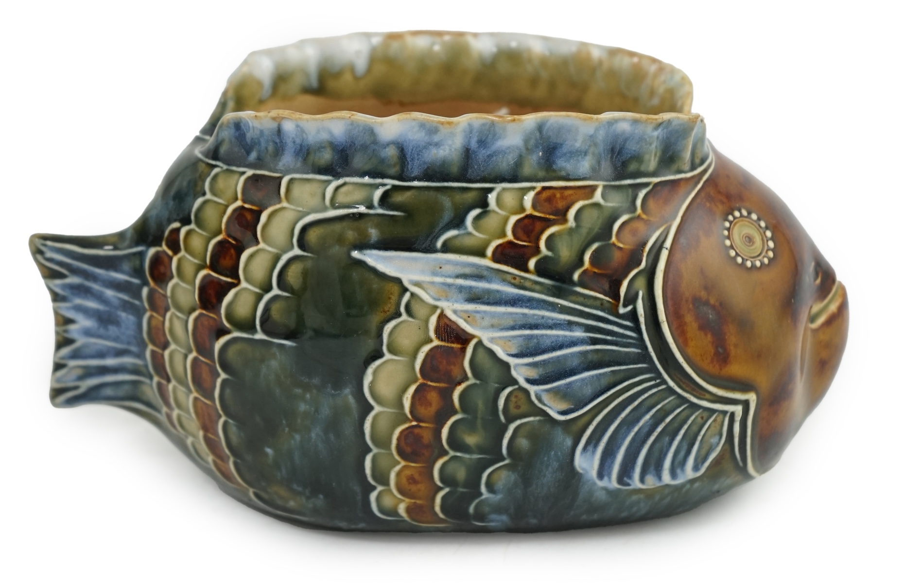 A Doulton Lambeth stoneware bowl, decorated by Mark V. Marshall, modelled as a fish